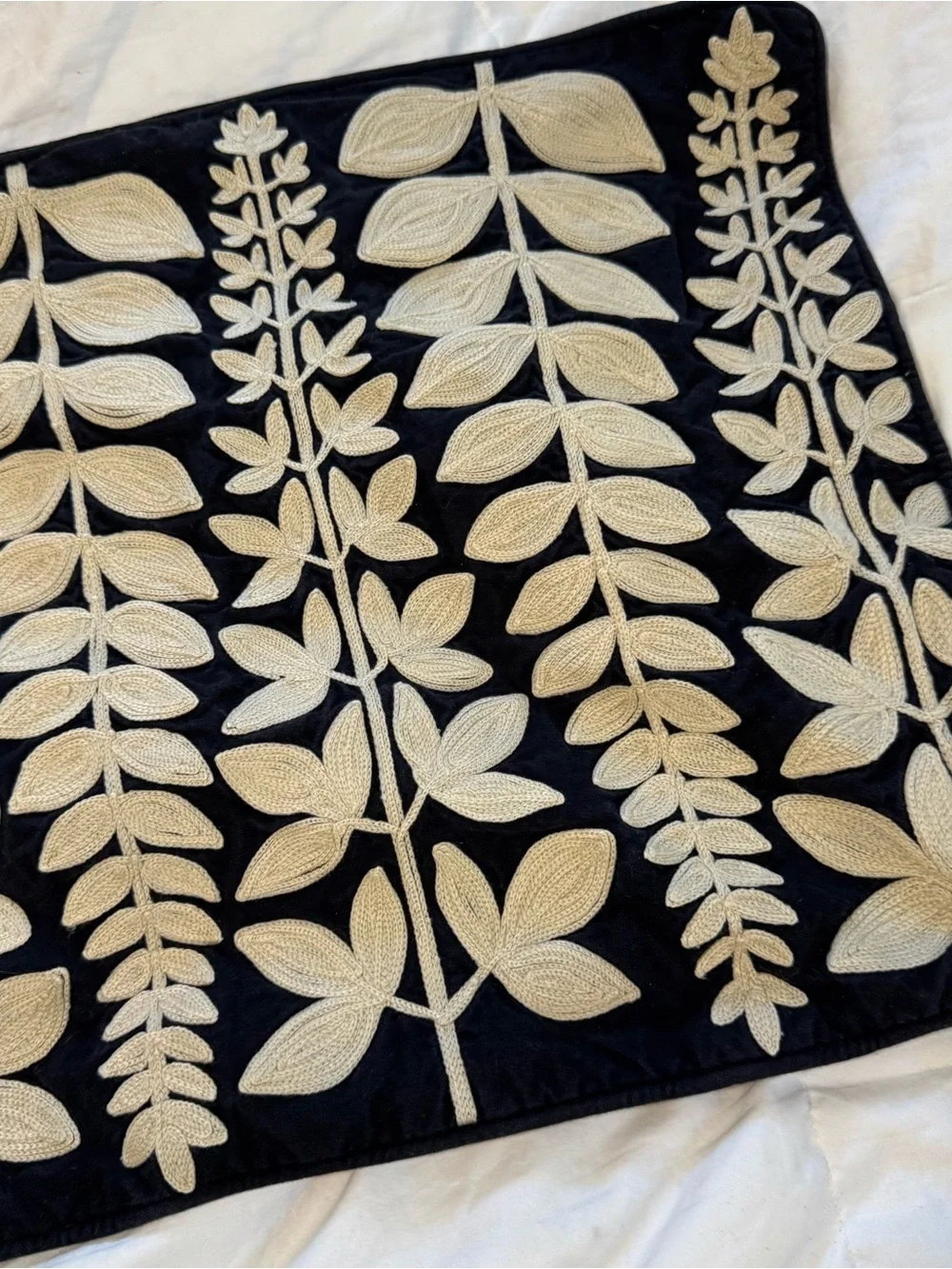 Pottery Barn Brown Cream Vine Leaf Crewel Lumbar Pillow Cover Case 15” X 24”